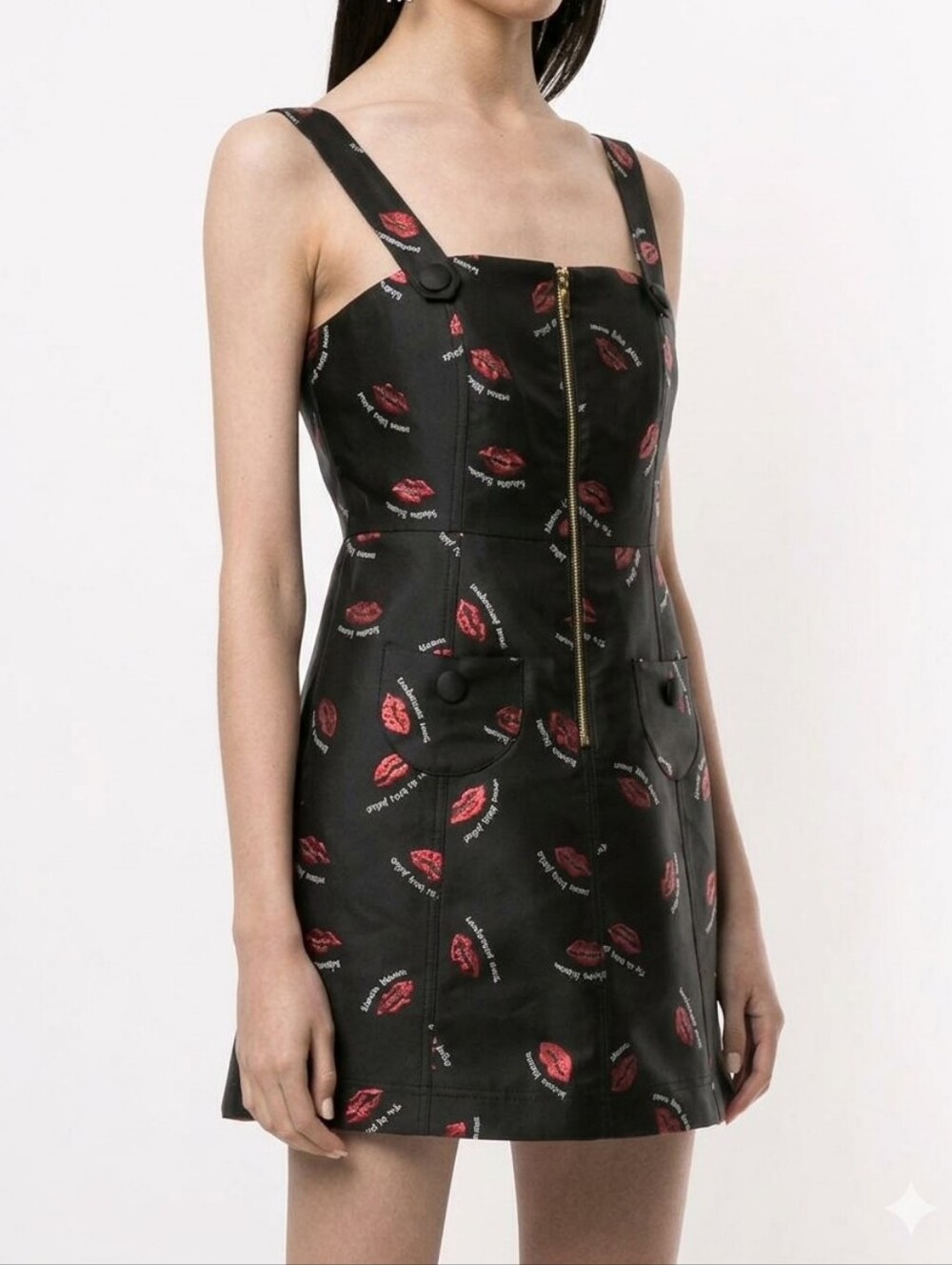 Alice McCall Treasure Dress Metallic Embroidered Lips Zipper Mini Black US 4